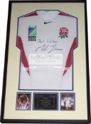 England captain Martin Johnson signed/framed 2003 Rugby World Cup tournament shirt,