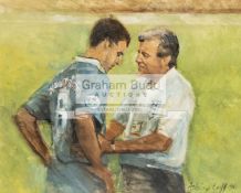 Oil painting by Ashley Luff (contemporary) portraying England manager Terry Venables consoling