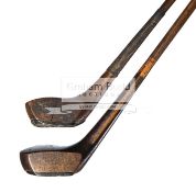 Wallis & Fulford patent dovetailed spliced driver and brassie, the brassie with cracked head,