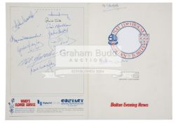 Autographed Nat Lofthouse dinner menu 1989, signed to the front & back by Nat Lofthouse Mel Charles,