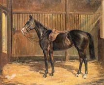 An oil painting by Molly Maurice Latham (British, 1900-1987) of a saddled polo pony in a stable,