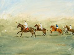 An oil painting by Pamela Lander (British, 20th century) depicting polo titled "Spectator's View",