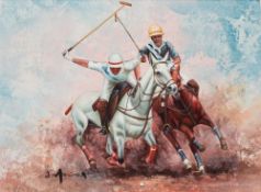 William Moninet (American, 1937 - 1999), Polo match, oil on canvas, signed lower left, framed,