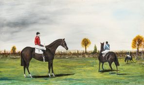 Large oil painting (American, 20th century) by an unknown hand featuring an American polo match,