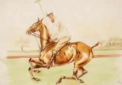 A watercolour of a polo player and pony