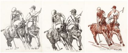 Richard Carle, (American) three drawings of polo players "Sudden Stop", on artists paper,