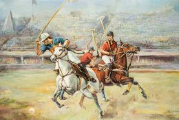 Large oil painting by an unknown hand featuring a polo match, 20th century, oil on canvas, unframed,