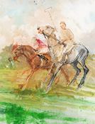 An oil painting of two mounted players on the polo field, 20th century, unsigned,
