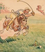 A set of four colourful Polo cartoons, in watercolour, each signed lower left margin K John,