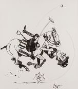 Bryn Parry (British), an ink and watercolour cartoon of a polo player falling off his pony,