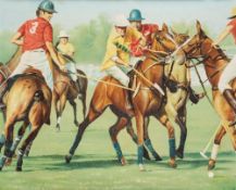 American School, late 1970's, Polo Scene, oil on canvas, mounted in a rustic wooden frame, unsigned,