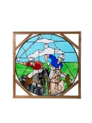 A leaded and stained glass window panel featuring two polo players, British, 20th century,