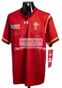 A squad signed Rugby World Cup 2015 Wales jersey, 31 signatures in silver marker pen, short-sleeved,