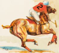 A watercolour by Frank Ashley Nelson (American, 1920-2007) of a polo player & pony in match action,
