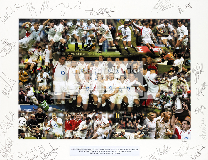 A photographic presentation signed by the England rugby XV in 2003,