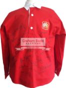 Manchester United retro shirt signed by 26 ex players, Jimmy Greenhoff, Stuart Pearson,