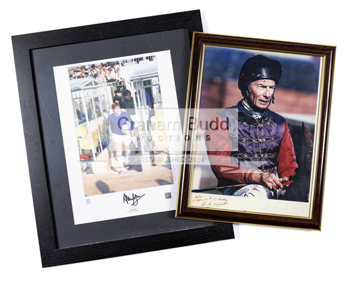 Framed print of Lester Piggott with personalised dedication from the jockey to Alan Ball on the