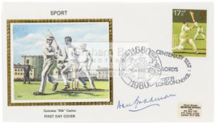 A Centenary Test first day cover stamped envelope, signed by Don Bradman,