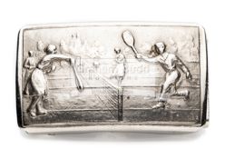 A white metal belt buckle embossed with a tennis match, circa 1920's rectangular, inscribed L.B.F.