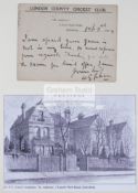 W G Grace signed London County Cricket Club postcard dated 3rd Octover 1904,