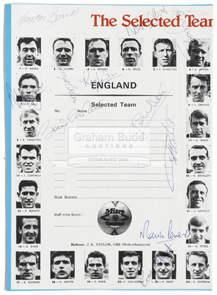 A 1966 World Cup programme page fully signed by the England World Cup winning XI,