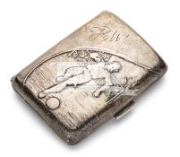 An Edwardian silver cigarette case embossed with a footballer,