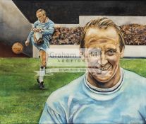An oil painting of the footballer Maurice Setters in Coventry City strip circa late 1960s,