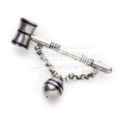 Rare silver and blue enamel croquet mallet and ball brooch,
