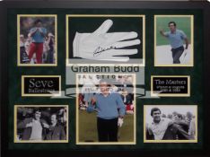 Seve Ballesteros signed golf glove display, measuring 71 by 56cm.