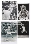 A collection of tennis press photographs, mostly b&w match action from the 1980s/90s,