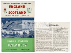 Duncan Edwards & Roger Byrne signed 1957 England v Scotland programme presentation,