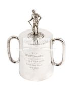 Silver plated twin handle loving cup and cover,