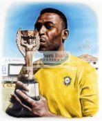 Pele signed Jules Rimet Trophy Kiss original oil painting,