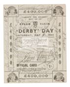 A signed "Salute The Soldier" Epsom Races "[Donkey] Derby" day official card, on May 27th 1944,
