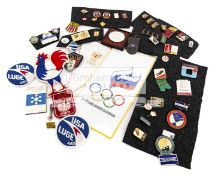A group of metal and enamel badges for winter sports World Championships and other international
