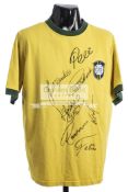 A signed 1970 Brazil yellow replica jersey, signed in black marker pen featuring Pele,