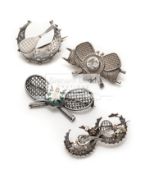 Four Victorian and later silver tennis brooches, the first hallmarked Birmingham 1893,