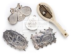 Five unusual tennis brooches and locket a rare combined tennis and archery oval brooch;