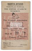 1923 FA Cup Final match ticket between West Ham United and Bolton Wanderers on 28th April at the