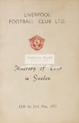 A rare Liverpool Football Club Ltd Itinerary of Tour in Sweden from 12th to 31st May 1951,