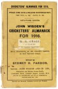 John Wisden's Cricketers' Almanacks for 1916 with paper wrapper, splits and wear to paper on spine,