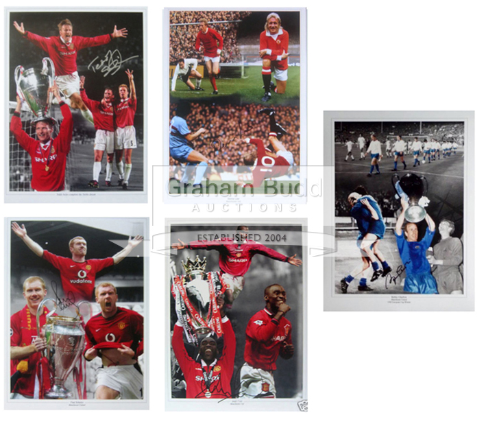 Five signed Manchester United 16" x 12" montages, of Paul Scholes, Denis Law, Andy Cole,