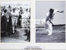 Fred Trueman signed photographic display, comprising a pair of 28 by 20cm.