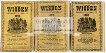 John Wisden's Cricketers' Almanacks for 1938 to 1940, each with limp linen wrappers,