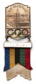 London 1948 Olympic Games IOC official's badge, gilt-metal, designed with Olympic Rings,
