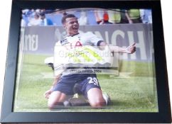 Dele Alli Spurs signed football boot in dome frame, measuring 53 by 43cm.