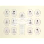 Great jockeys of the 19th century, 13 engravings circa 1880-1890, comprising Thomas Aldcroft,