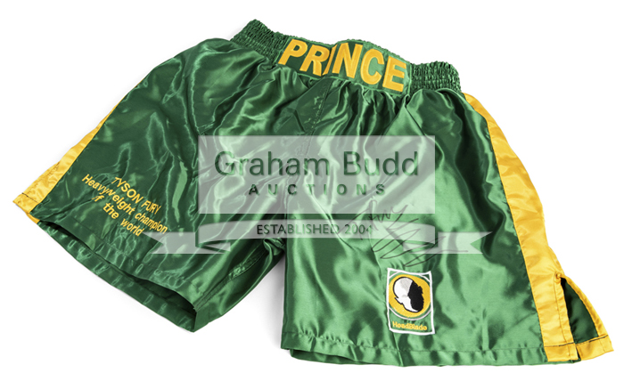 Tyson Fury signed boxing trunks, green & gold Headblade, inscribed TYSON FURY, - Image 2 of 2