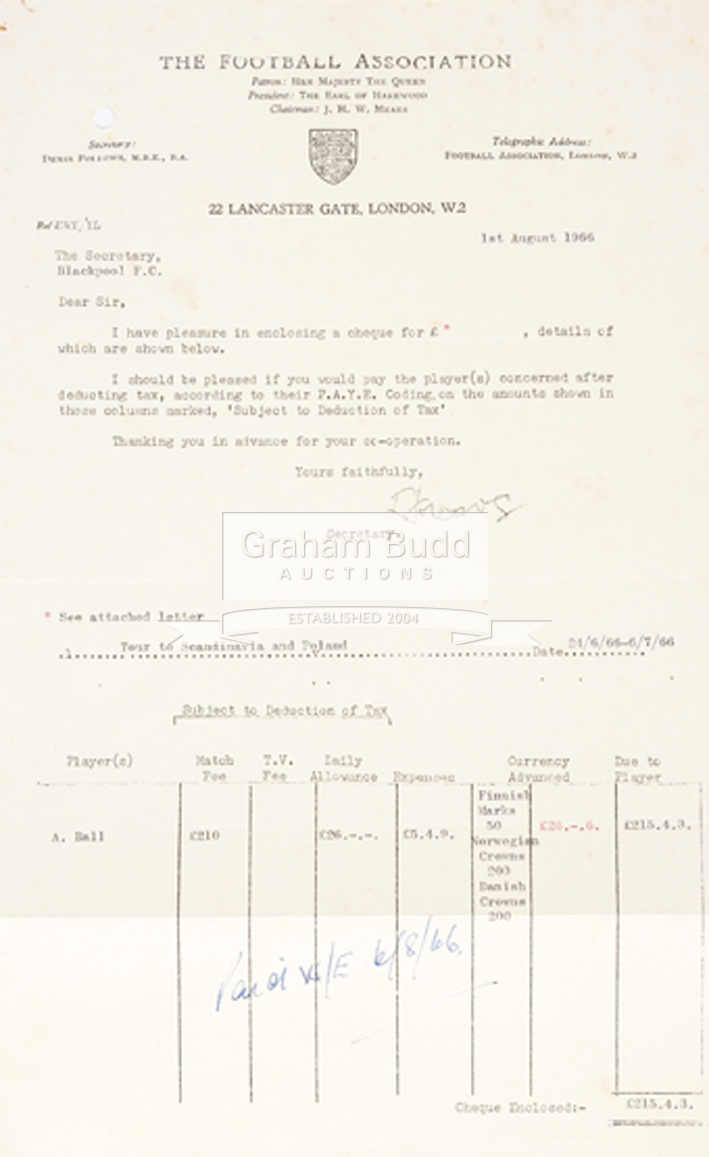 Football Association letter to The Secretary of Blackpool FC with instructions of payment to be