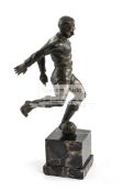 A bronze figure of a footballer by Ferdinando de Luca, raised upon a marble base,